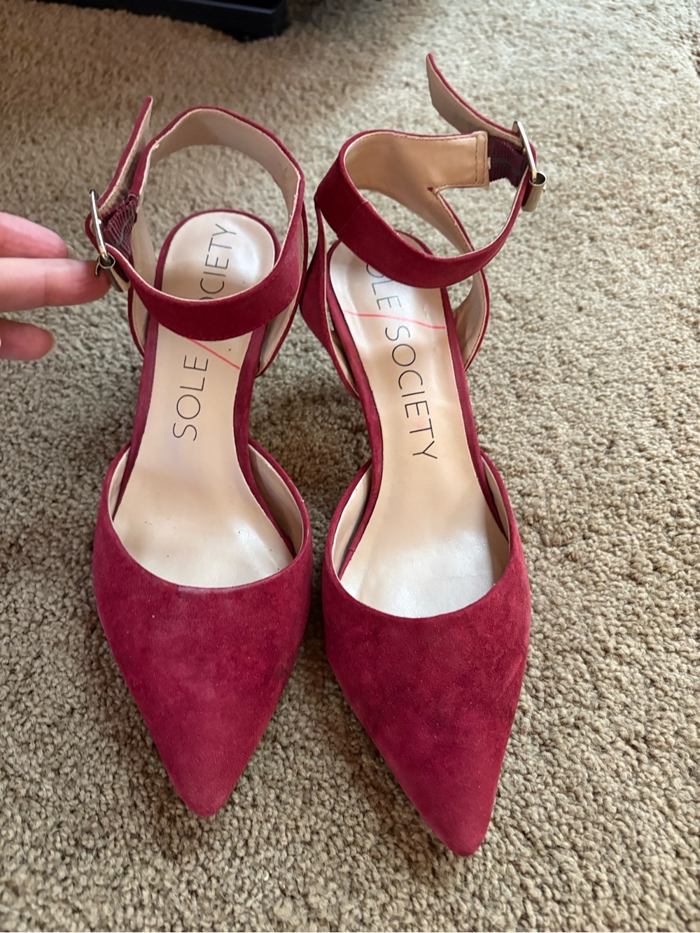 Sole Society Burgundy Suede Pointed Ankle-Strap Heels